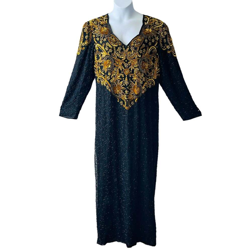 VINTAGE 80s SCALA Gold and Black Hand Beaded Evening Gown Size 16
